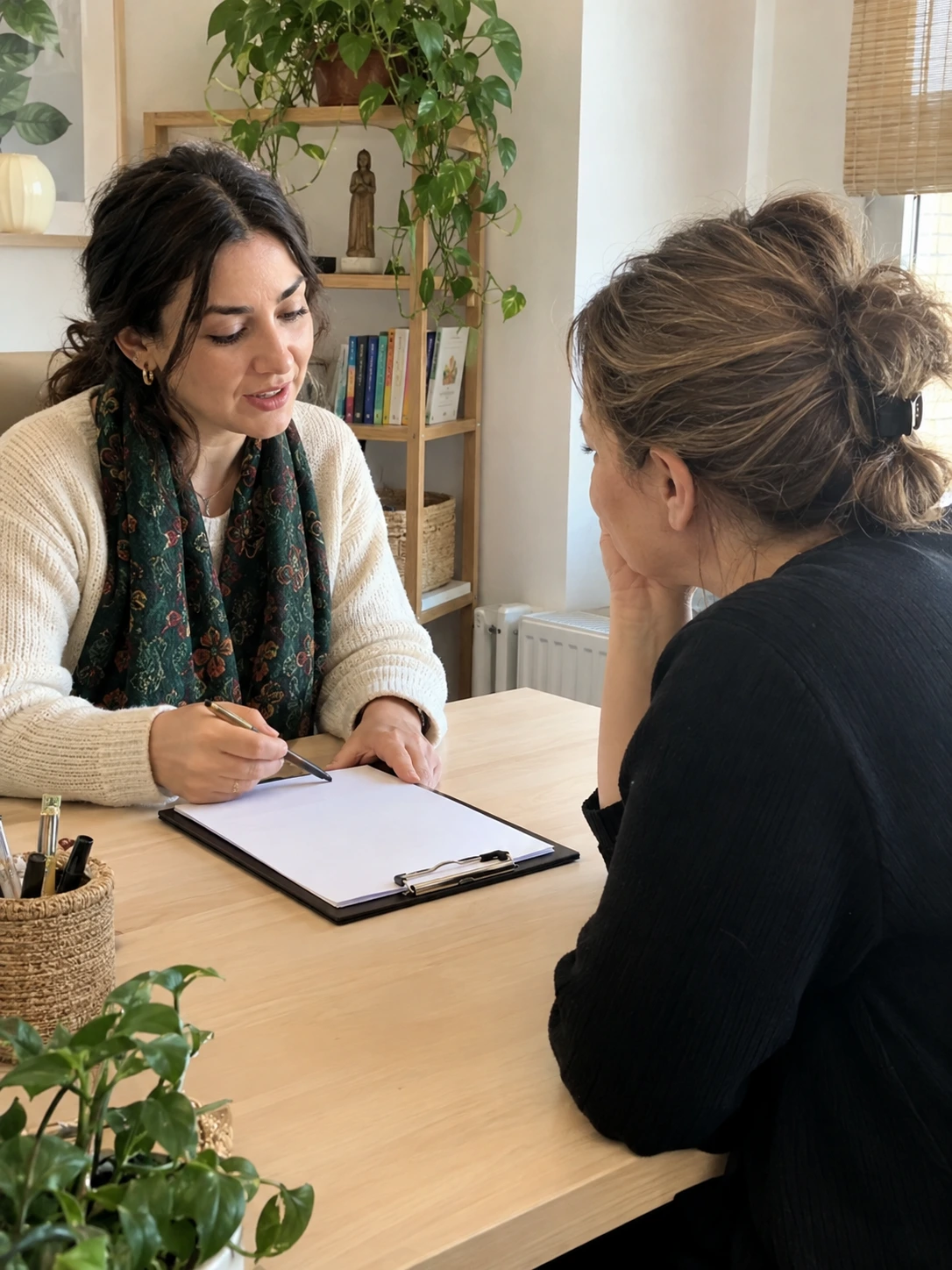 Yüzler görünmeden, omuz hizasından aşağıda kişisel program planlama görüşmesi